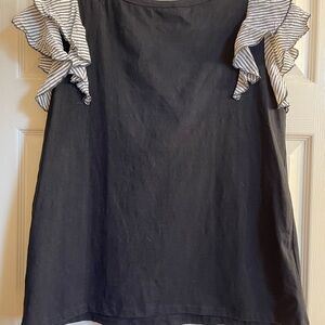 Doe & Rae Sleeveless Black Top with Striped Ruffle Sleeves